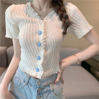แขนสั้น💥Hot sale！เสื้อไหมพรม แฟชั่นใหม่ ไหมน้ำแข็ง เสื้อครอปS-XL