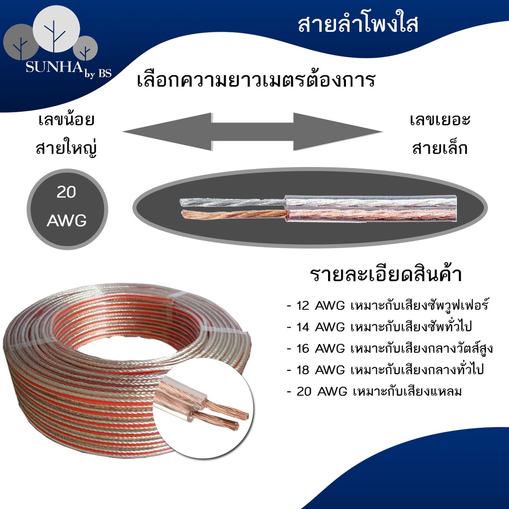 สายลำโพงเครื่องเสียงรถเสียงกลางเสียงแหลม ทองแดงแท้ 100% 20 AWG 18 AWG 16 AWG (1 เมตร)