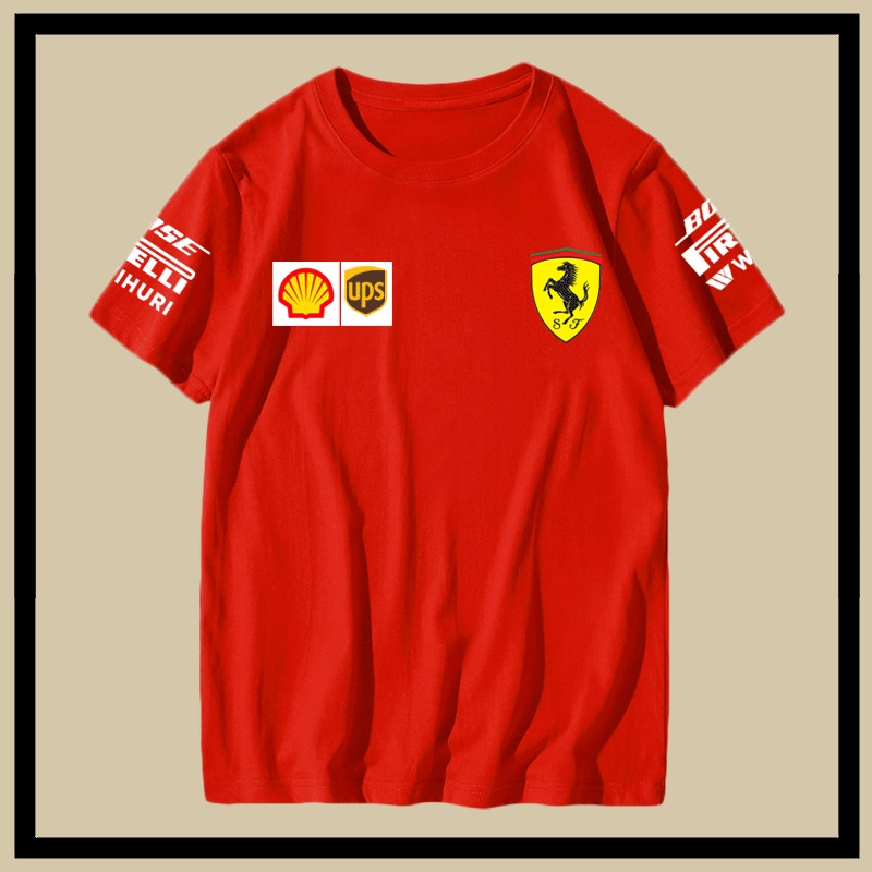 tshirtเสื้อทีม Ferrari F1 ชุดแข่งรถ คนรักรถ ผู้ชายและผู้หญิง ฤดูร้อน เสื้อยืดแขนสั้นผ้าฝ้ายหลวมสบาย ๆS-5XL