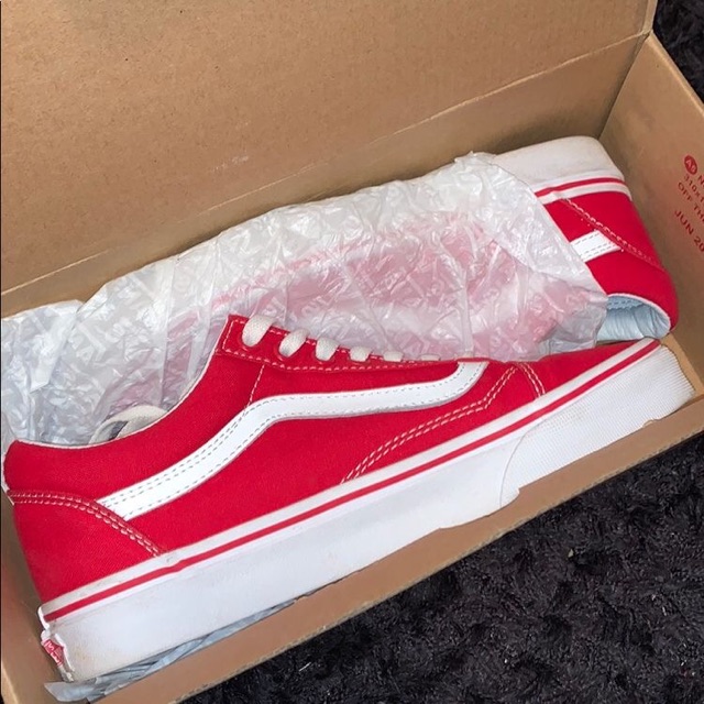 old skool red and white vans