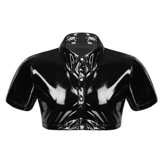 ชายเสื้อหนังแขนสั้นเซ็กซี่ชายเสื้อหนังเงา S-5XL Plus Size Glossy PVC Leather Short-sleeved Shirt Mens Shaping Sheath Latex Tops Casual T-shirts Wetlook Leather Jacket【Sexybuyer-252】