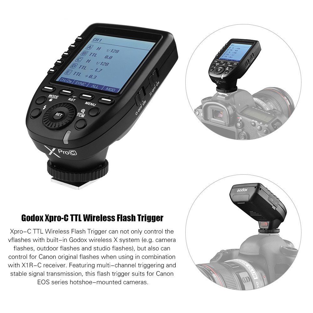 GODOX XPro-C Wireless Flash Release for Canon E-TTL Camera, 2.4G Wireless X System HSS 1/8000s, LCD Screen Design, 5 Special Group Keys, 11 Customizable Functions