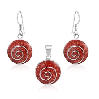 Silver Spiral Design Red Round Pendant and Earrings Set ต่างหูวงกลมสีน้ำตาลรูปก้นหอยเงินแท้925