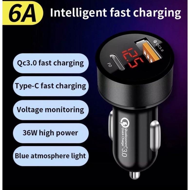 USB type C เสียบขั้วจุดบุหรี่ พร้อมวัดโวลต์ดิจิตอลไฟฟ้า 18w (USB PD-300)