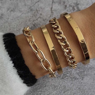 Xesi 4 ชิ้น เปิด คิวบา สร้อยข้อมือ ชุดสุภาพสตรี โซ่ รัก ตัวอักษร แวววาว แฟชั่น วินเทจ สร้อยข้อมือ ของขวัญ
