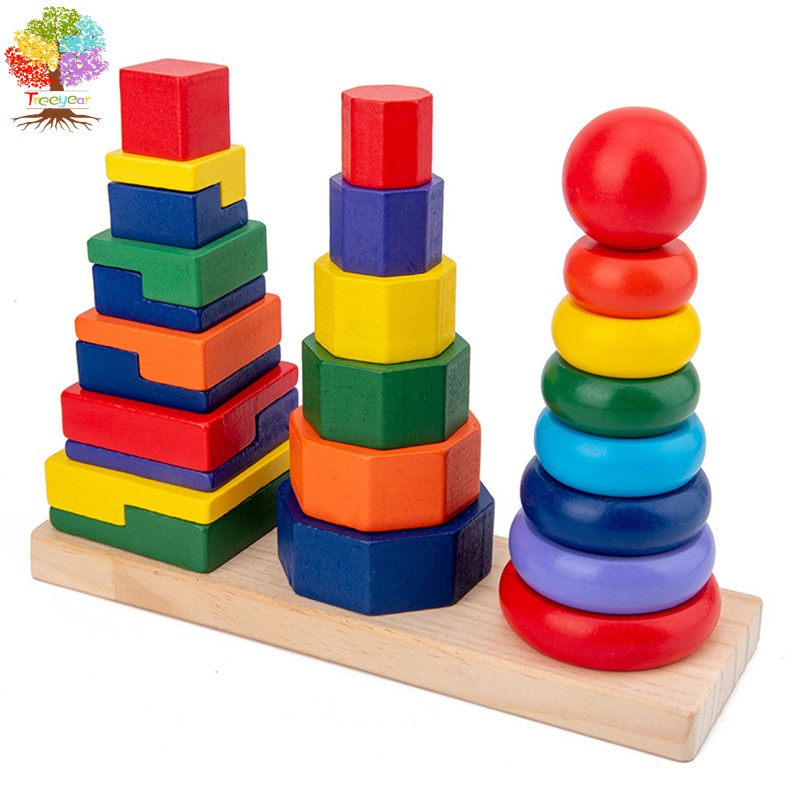 Treeyear Sensorial/Math Wooden Building Towers of Hanoi  Rainbow Stacking Tower Blocks STEM Logical Game Travel Toy Family Game Column Blocks Kids 3+ Years Gift