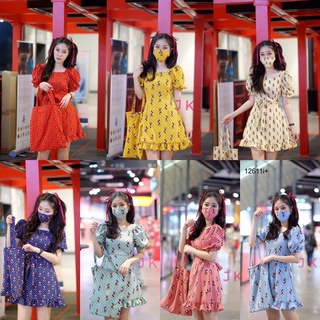 MM12611 เดรสคอเหลี่ยมแขนตุ๊กตาพิมพ์การ์ตูน + กระเป๋าผ้า + แมสปิดปาก Square neck dress with cartoon printed doll sleeves