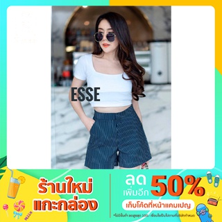 🌸กางเกงขาสั้นลายริ้ว เอวสูง แบบตะขอหน้าซิปหน้า ⭐ผ้า Double Satin ⭐