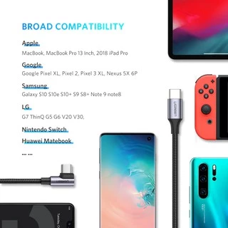 Ugreen สายชาร์จ USB Type C PD 60W 90 องศา QC 4.0 สําหรับแล็ปท็อป แท็บเล็ต โทรศัพท์ Samsung Galaxy S9 S8 iPad Pro Huawei Matebook Dell Xiaomi