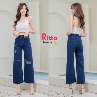 RittaJeans กางเกงยีนส์ผู้หญิง กางเกงยีนส์ทรงกระบอก เอวสูง วินเทจ สียีนส์เข้ม