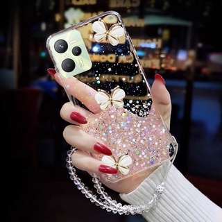 เคสโทรศัพท์ Fashion Casing for Realme C35 9Pro 9 Pro+ 9i 8i 2022 New Shiny Sequins Handphone Case 3D Butterfly Transparent Silicagel Soft Case with Pearl Lanyad Protective Cover เคส