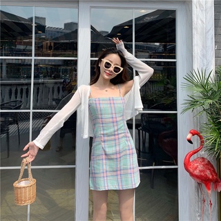 พร้อมส่ง dress เดรสสายเดี่ยว ลายสก๊อต น่ารักมาก ทะเล summer