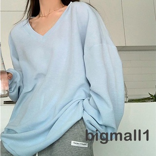 Bigmall- เสื้อยืดคอกลมแขนยาวทรงหลวมสีพื้นสําหรับผู้หญิง