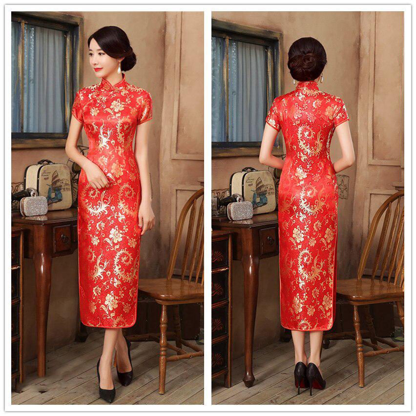 สีแดงแห่งชาติจีนยาว Cheongsam ขนาดบวกหญิงซาตินวินเทจแปลกเครื่องแต่งกายสังคมผู้หญิงแขนสั้น Qipao