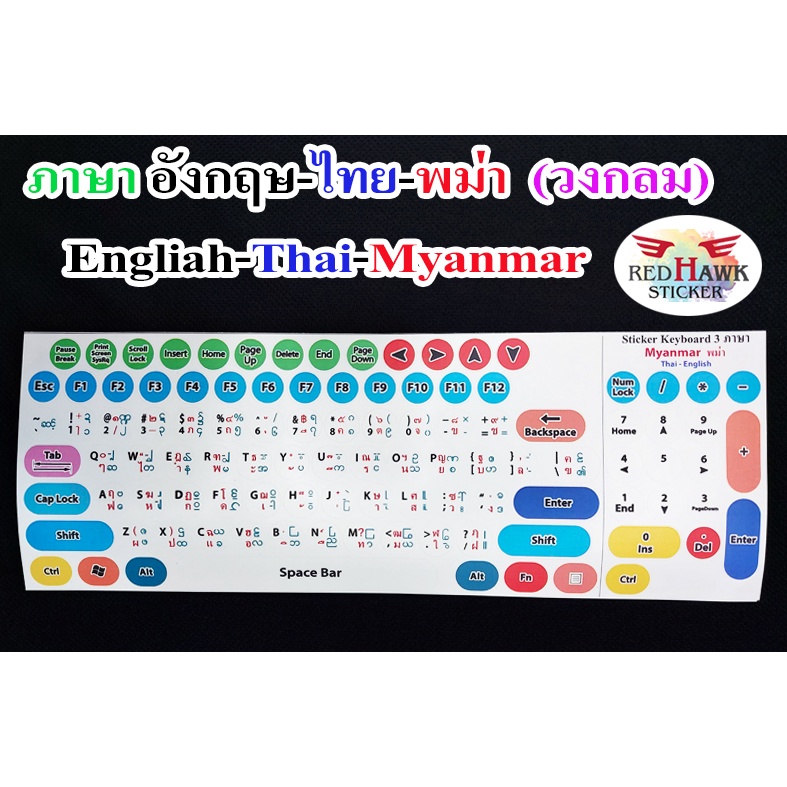 สติ๊กเกอร์แปะคีย์บอร์ด วงกลม ภาษา พม่า, อังกฤษ, ไทย (Circle Myammar, English, Thai)