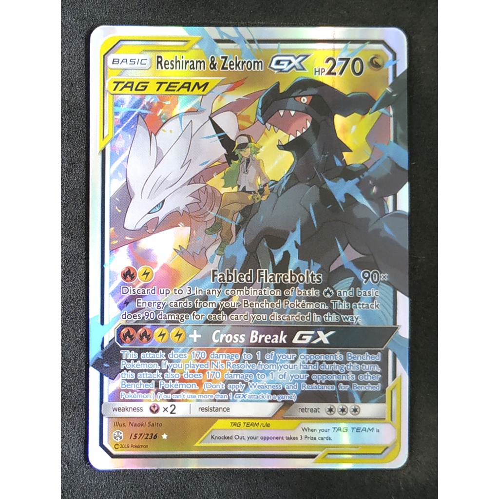Reshiram &amp; Zekrom Tag Team GX เรชิรัม &amp; เซครอม 157/236 Pokemon Card Gold Flash Light (Glossy) ภาษาอังกฤษ