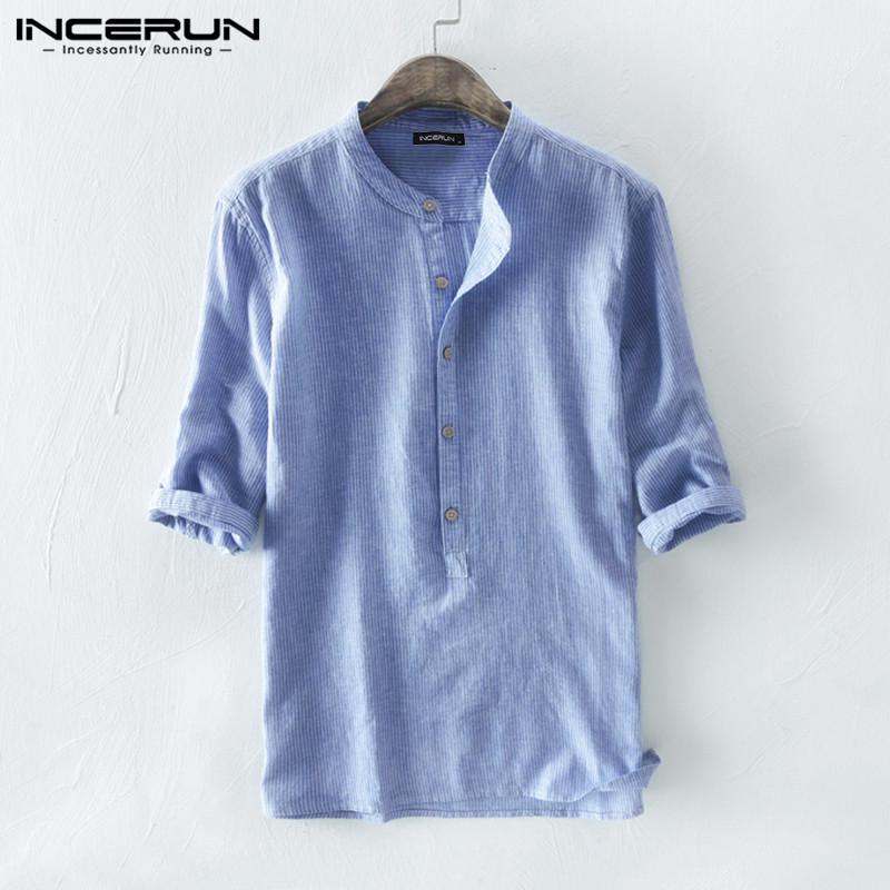 Incerun เสื้อเชิ้ต สีพื้น แขน 3 ส่วน ทรงหลวม สำหรับผู้ชาย