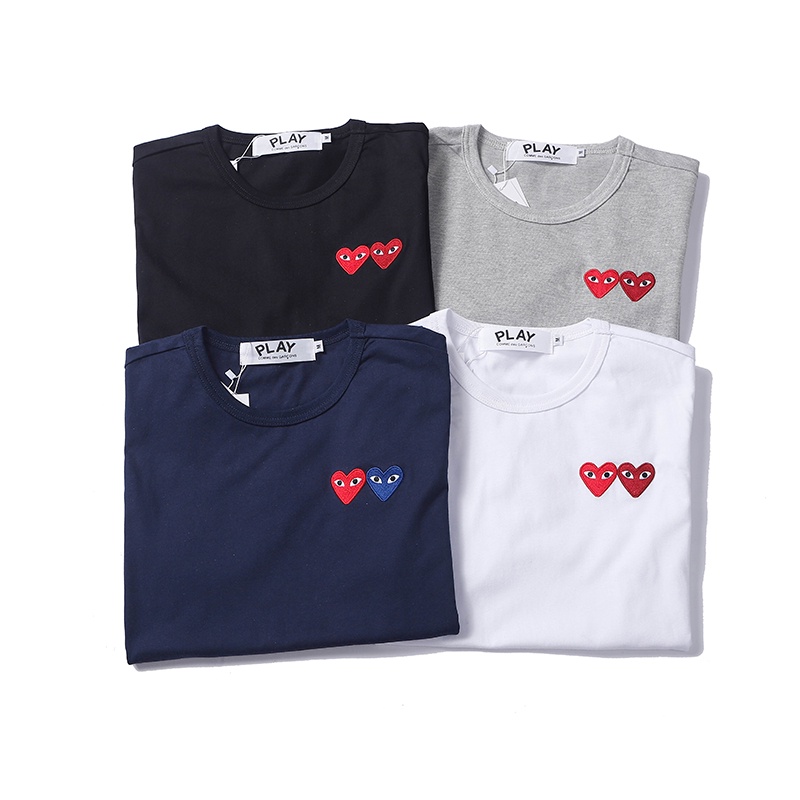 แฟชั่นสไตล์ใหม่-play--double Heart เสื้อยืดแขนสั้นผ้าฝ้าย 100% ผู้ชายผู้หญิงคู่รอบคอเสื้อยืดแขนสั้น