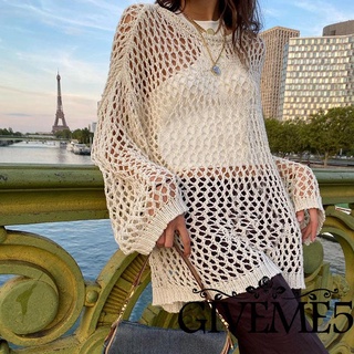 GIVEME-Women Sexy Hollow-out Knit Smock Blouse, Loose Round Neck Long Sleeve Fishnet Pullover Knitwear