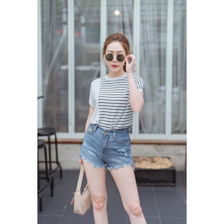 MM-STRIPE ONE SIDE KNIT TOP เสื้อคอกลมแขนสั้น