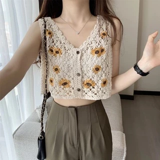Cicishop(Q35) Crochet Top 🌻 เสื้อครอปถัก โครเชต์ลายทานตะวัน คิ้วท์ๆสไตล์เกาหลี