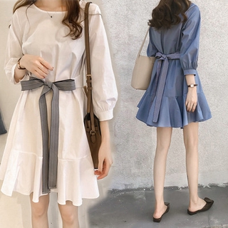 💋missbeauty.th👗ชุดเดรสทรงเอ เดรสแฟชั่นเกาหลีผู้หญิง oversize เสื้อสาวอวบ
