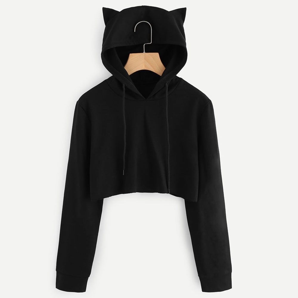 Crop Top Winter Cat Ear Anime Hoodie Pullovers Women Autumn Long Sleeve ...