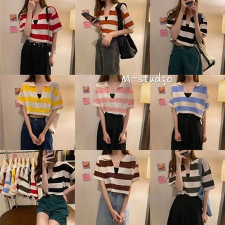 Maze🌟พร้อมส่ง🌟ใหม่!!!เสื้อครอปแขนสั้นลายทาง  คอปก(5958-1)