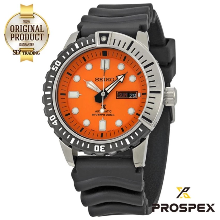 SEIKO PROSPEX Diver's 200m. Automatic สีดำ/สีส้ม สายยางเรซิ่นสีดำ รุ่น SRP589K1