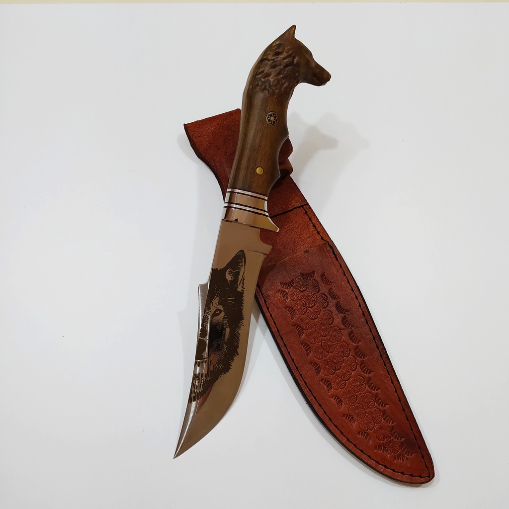 มีดแคมป์ มีดเดินป่า มีดโบวี่ handmade Bowie knife เหล็ก 4116 เยอรมัน ด้ามไม้แท้แกะสลักหัวหมาป่า ฝังโ