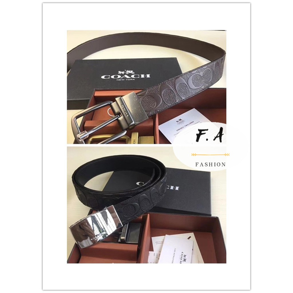 F.A(ของแท้ 100%) COACH 55157 เข็มขัดผู้ชาย / เข็มขัดสองด้าน / พร้อมหัวเข็มขัดคู่ / เข็มขัดสามารถตัดได้อย่างอิสระ