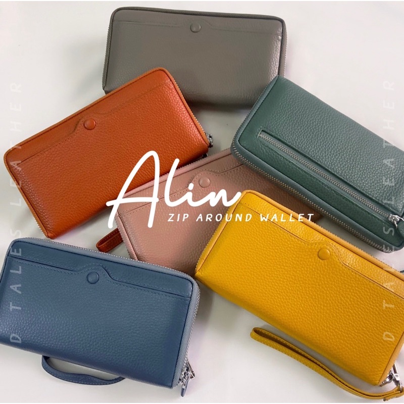 DTALES ส่ง16เมย Alin กระเป๋าสตางค์หนังแท้ ซิปรอบ 15สี เก็บเงินแน่นตามตำราหมอช้าง ซิปลื่น มีสายคล้องมือ