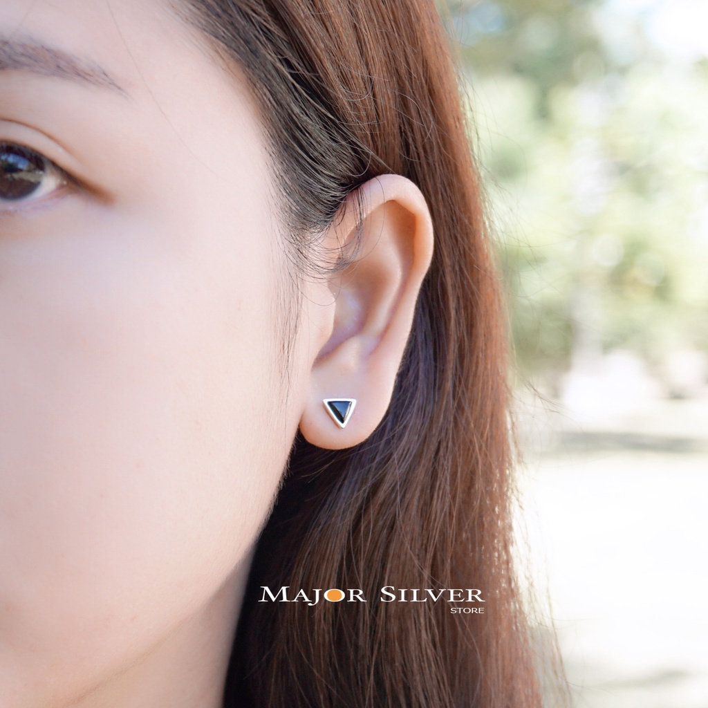 สามเหลี่ยม7มิล ต่างหูเงินแท้92.5% ติดหินแท้ นิล มุก ลาพิส เทอควอยซ์ มูนสโตน : E-AnTri7-Sto