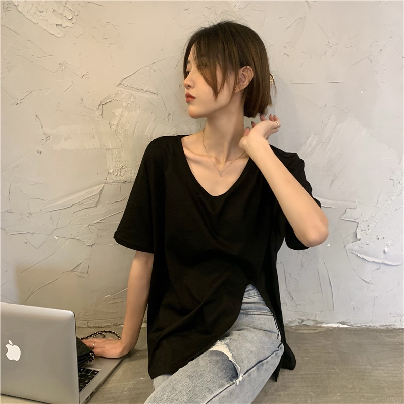 【WJZ】เสื้อยืดคอวีแขนสั้นหลวมสไตล์เกาหลีสำหรับผู้หญิงพร้อมผ่าข้างเซ็กซี่【6712】