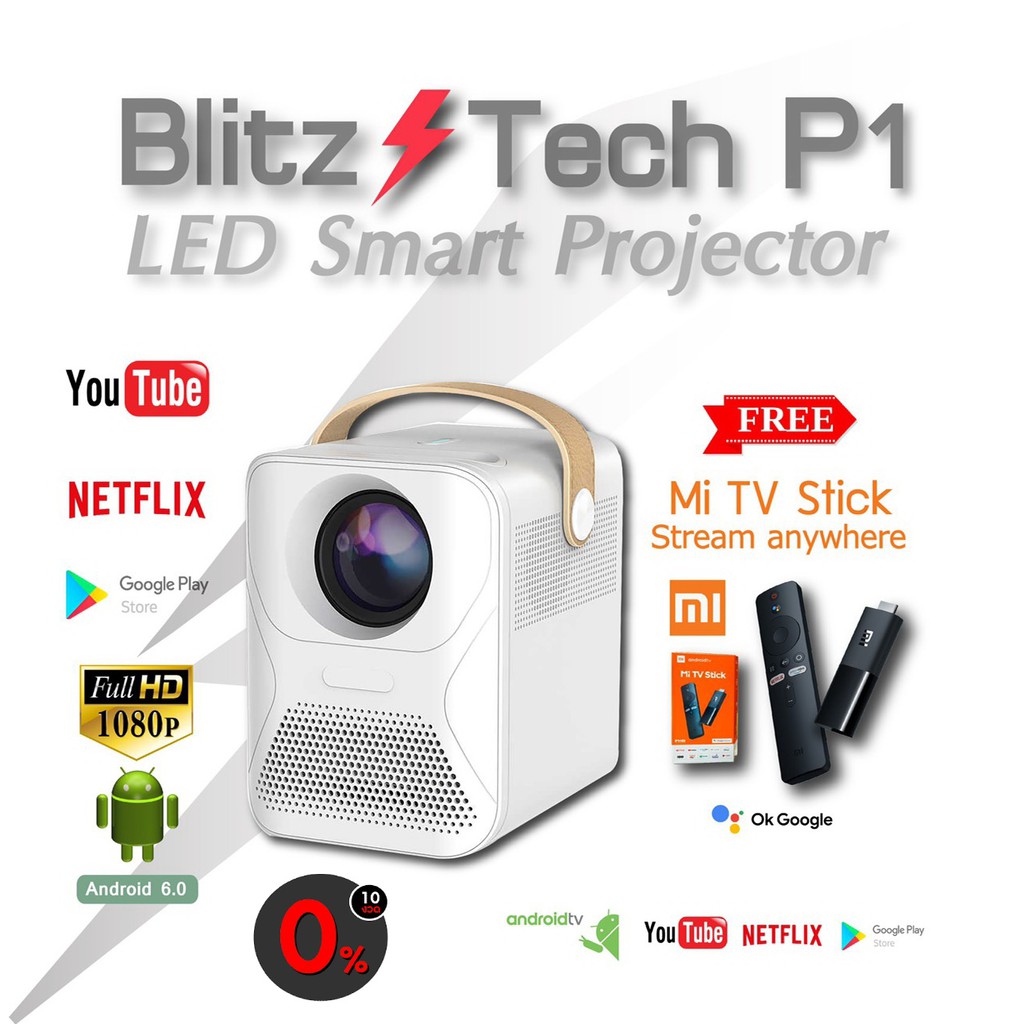 [ผ่อน0%]Blitz ⚡Tech P1 + Xiaomi Mi Stick Android TV, Smart Projector 1080P Android System Full HD Projector Home Theater