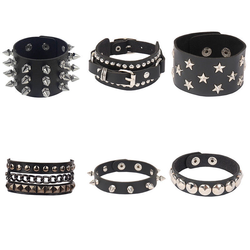 Y2K พังก์สไตล์กอธิคบุคลิกภาพยาวและสั้น rivets PU สร้อยข้อมือหนัง rock สร้อยข้อมือหนังเครื่องประดับ