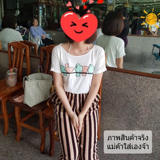 เสื้อยืดสีครีม ลายนก พาสเทล