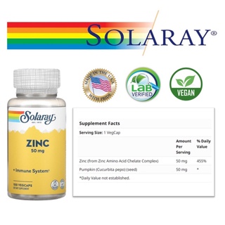 Solaray, Zinc, 50 mg, 100 VegCaps