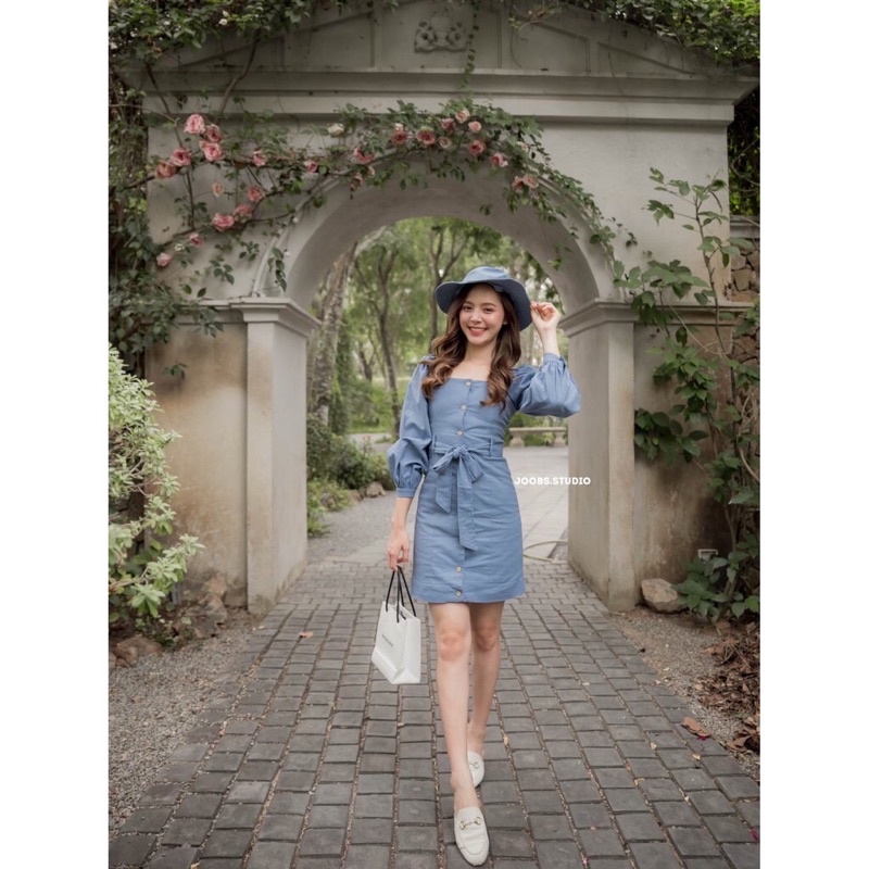 🤍New Arrival💙 Joob studio  #JBS367 Playful Linen Dress with Hat size M เดรสสีฟ้า