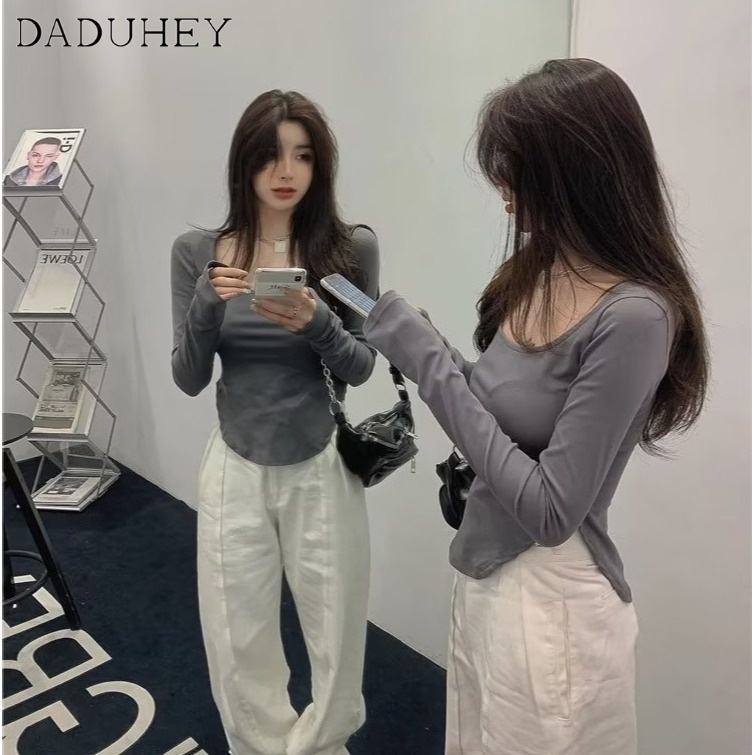 DaDuHey Women's New Sexy Kardashian Big U-Neck Bottoming Shirt Short Elastic Slimming Long-Sleeved Design T-shirt Top #8