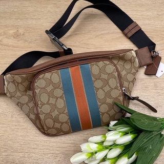 🎀 (สด-ผ่อน) คาดอก ลายซีคาดแถบส้มฟ้า Coach C9364 THOMPSON BELT BAG IN SIGNATURE JACQUARD WITH VARSITY STRIPE