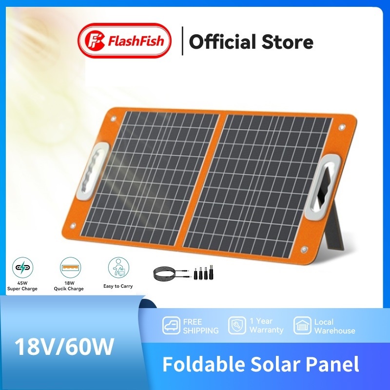 FlashFish แผงโซล่าเซลล์ 18V 60W Solar Panel แผงเซลล์แสงอาทิตย์แบบพกพา Solar Cell ด้วย Type-C Charger  ตั้งแคมป์กลางแจ้