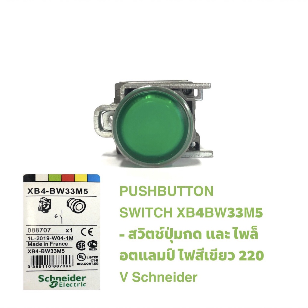 PUSH BUTTOB SWITCH XB4BW33M5 สวิตช์ปุ่มกด และไพล็อตแลมป์ ไฟสีเขียว 220 v Schneider