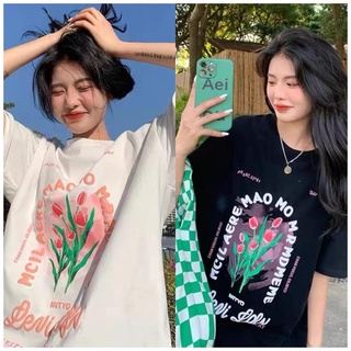 เสื้อยืดโอเวอร์ไซส์Alice  เสื้อยืด เสื้อผ้าผู้หญิง เสื้อครอป แขนสั้นผู้หญิงท็อปส์ซูผู้หญิง หลวม ใส่สบายๆ สีขาว ผ้าฝ้ายแท