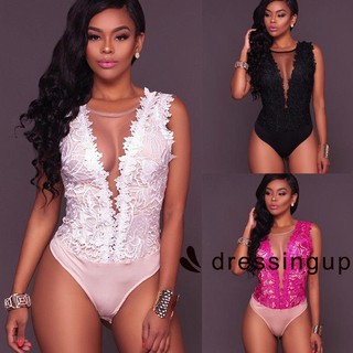 EIS-ชุดว่ายน้ำ Sexy Lace Jumpsuit Deep V คอคอตเทจแขนกุดสวมใส่ชุดชั้นในแบบ Rompers Bodysuit