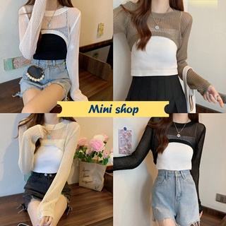 Mini shop🌸พร้อมส่ง🌸(78040) เสื้อถักไหมพรมคอกลมแขนยาวทรงครอปสั้นเท่ๆ