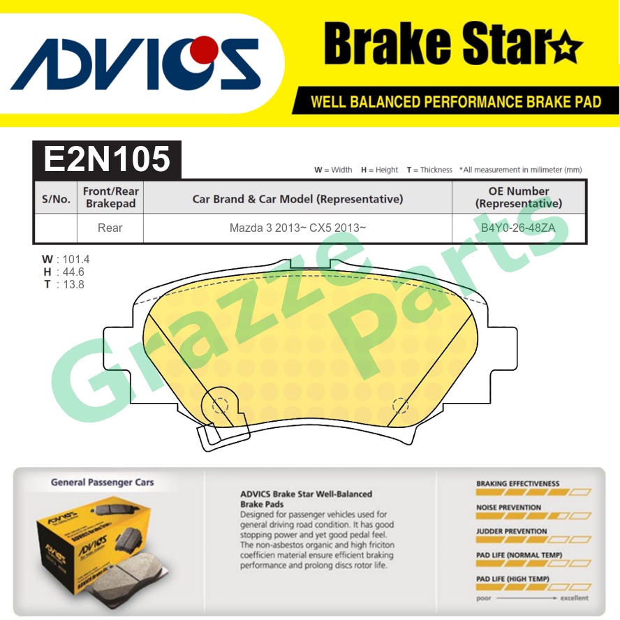 Advics Aisin Brake Star Disc Brake Pad ด้านหลัง E2N105TE สําหรับ Mazda 3 CX5 2013-