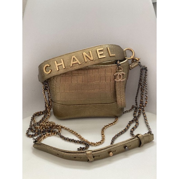 Chanel Croc Embossed Small Gabrielle Bag Metallic Gold 2019A