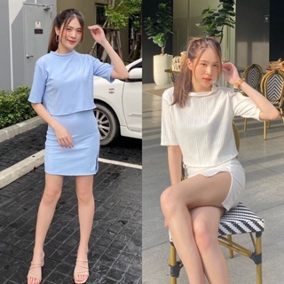 JLY1101 ชุดเซ็ทครอปคอกลม+กระโปรงผ่าชาย เสื้อเข้าเซต ชุดเซ็ต กระโปรงสั้น เสื้อครอป