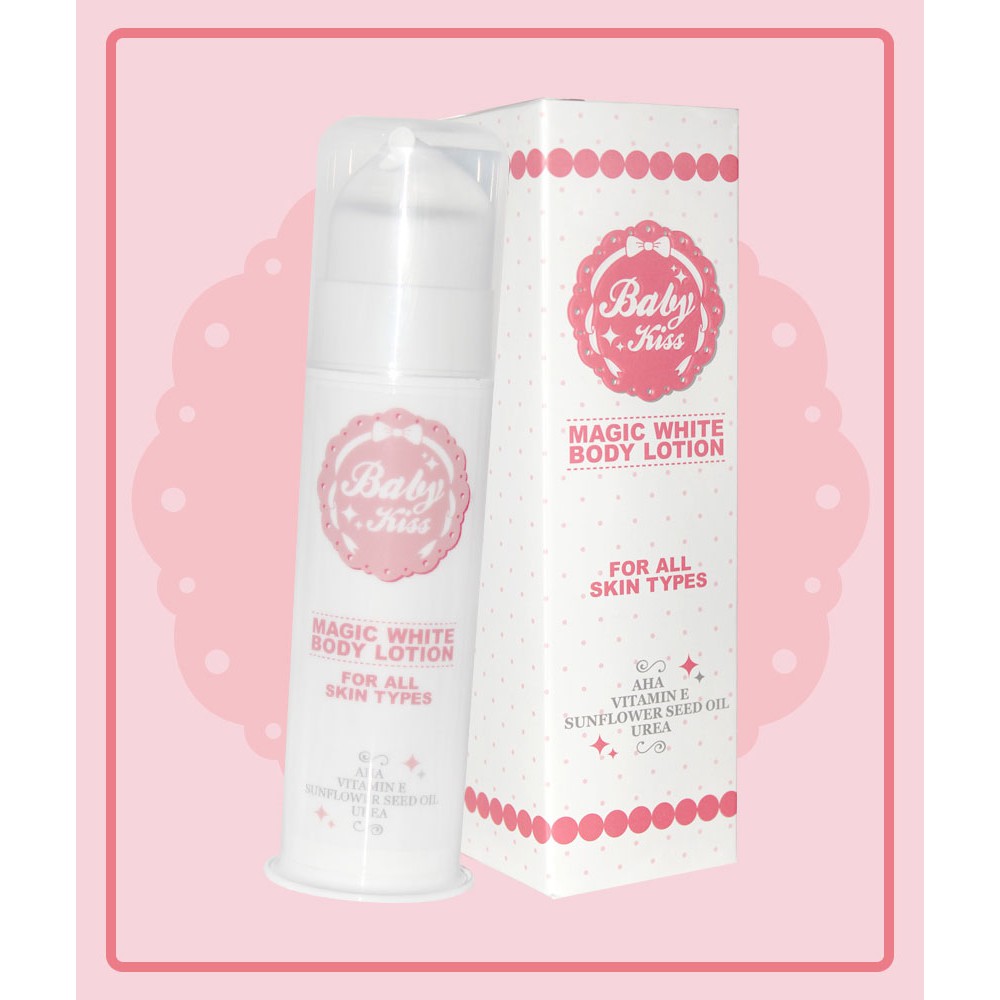 BABY KISS MAGIC WHITE BODY LOTION 100ML โลชั่นบำรุงผิว มีAHAช่วยบำรุงให้ผิวจริงขาวขึ้นอย่างต่อเนื่อง